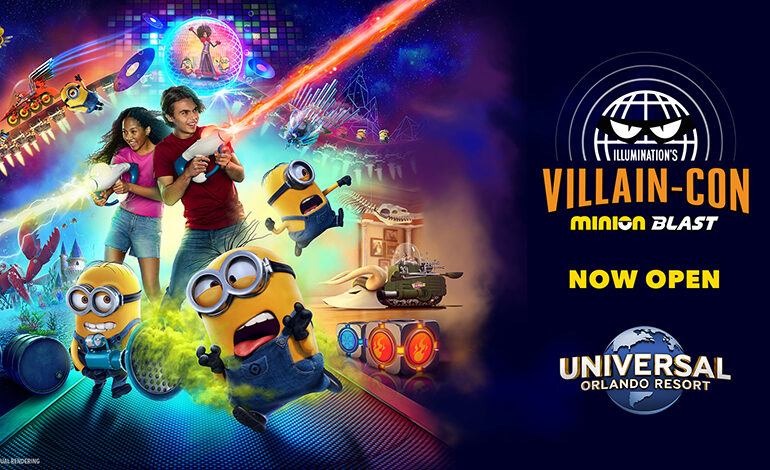 A promotional image for the Illumination's Villain-Con Minion Blast attraction at Universal Orlando Resort