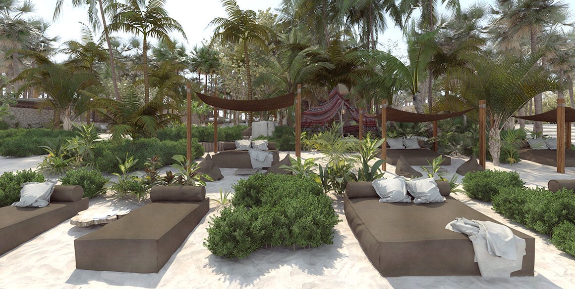 Rendering of loungey daybeds on a sandy jungle setting