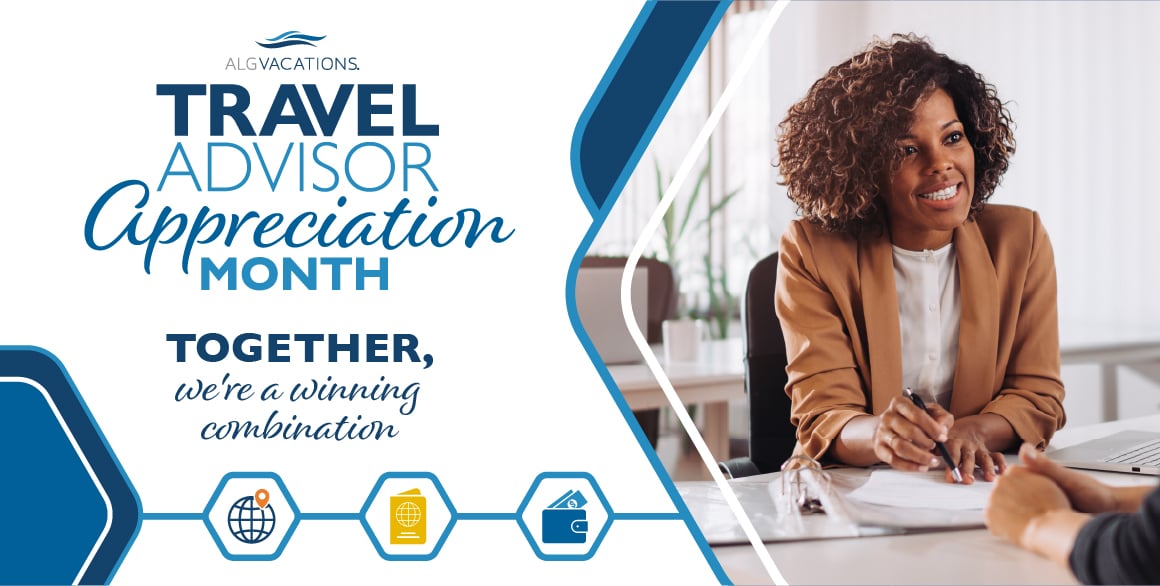Banner with a Black woman with curly hair with print that says Travel Advisor Appreciation Month - Together, We're a Winning Combination