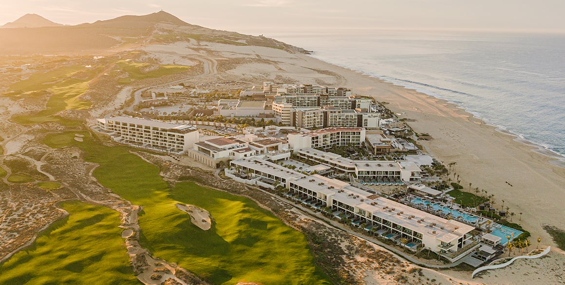 Aerial view of a peaceful resort in the golden hour