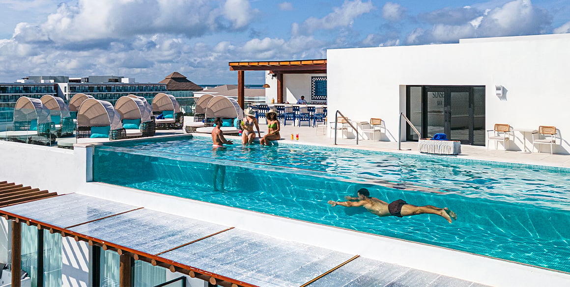 Rendering of a rooftop infinity pool at a resort
