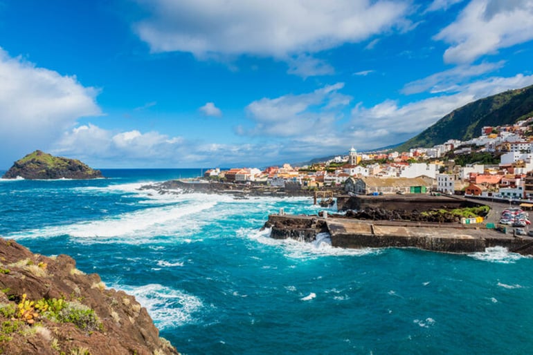 Elevated shot of a beach in Tenerife with large waves