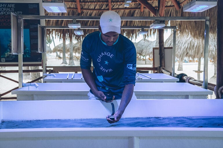 Man standing over a purple-lit water tank in a palapa