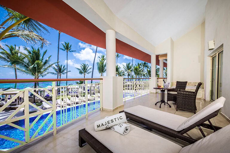 The terrace of an Elegance Club Ocean View Suite Outdoor Jacuzzi room at Majestic Elegance Punta Cana