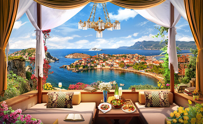 An opulent private terrace overlooking the Mediterranean Sea