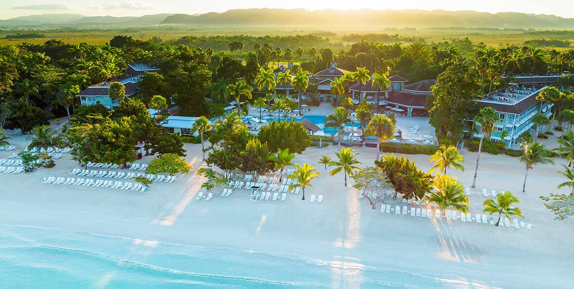 Aerial view of a beach resort at sunrise