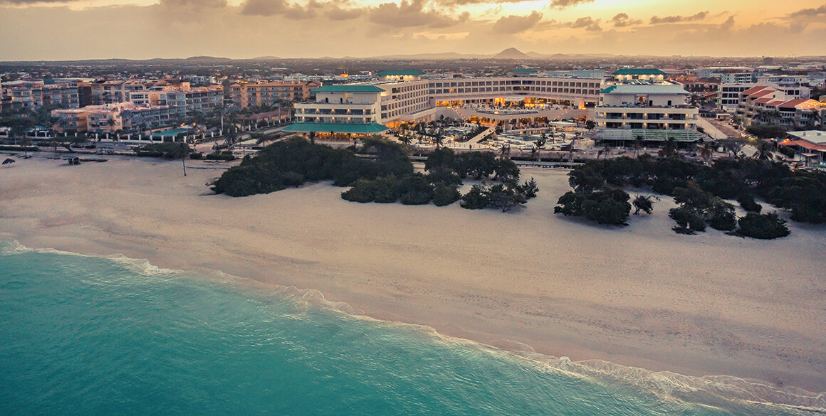 Aerial view of pools and a beach