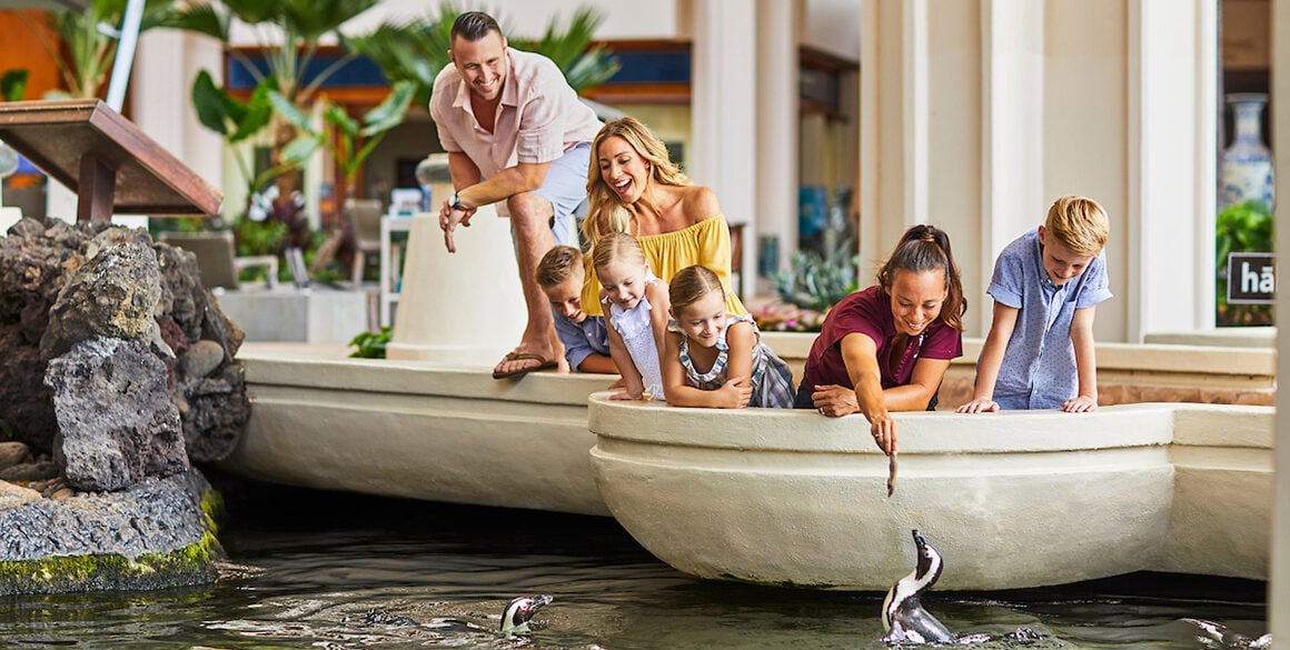 Two adults and three children watch a female animal trainer feed a South African penguin