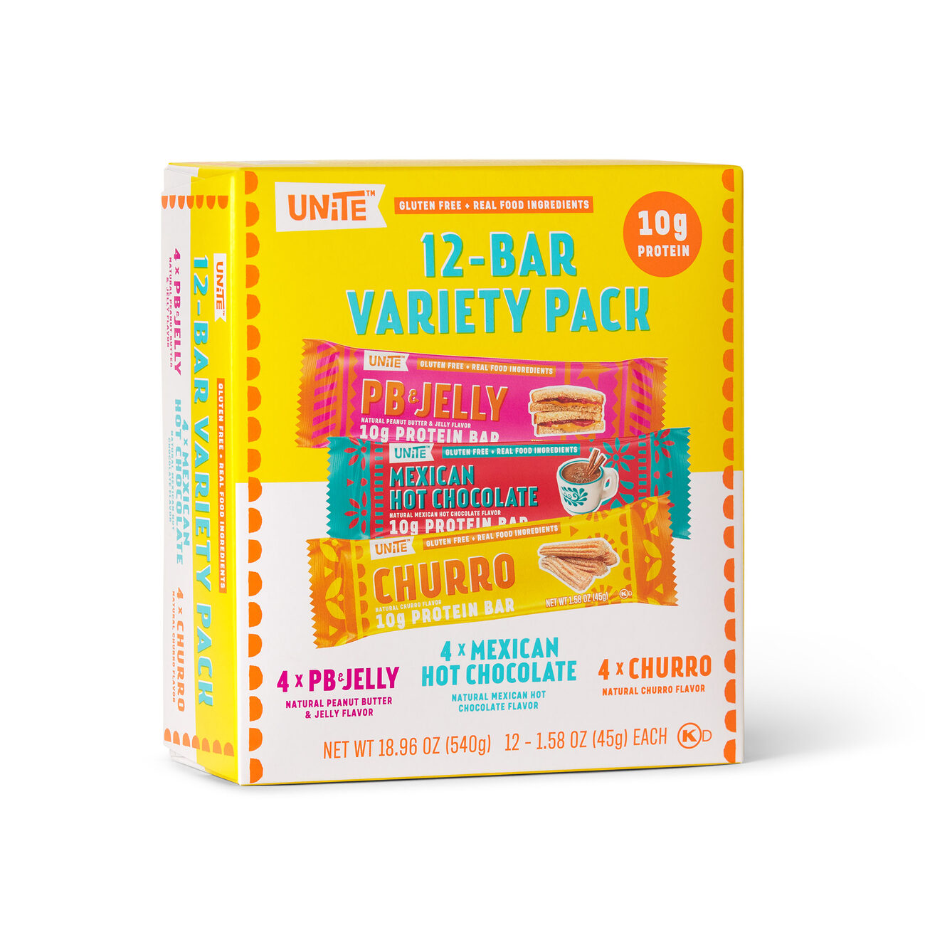 Box of Unite bars with flavors Pb&j and Mexican hot chocolate and churro
