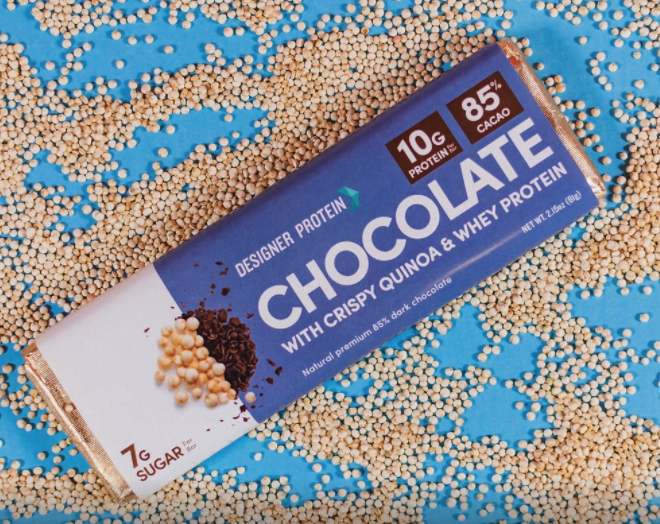 Designer protein bar chocolate with crispy quinoa and whey protein