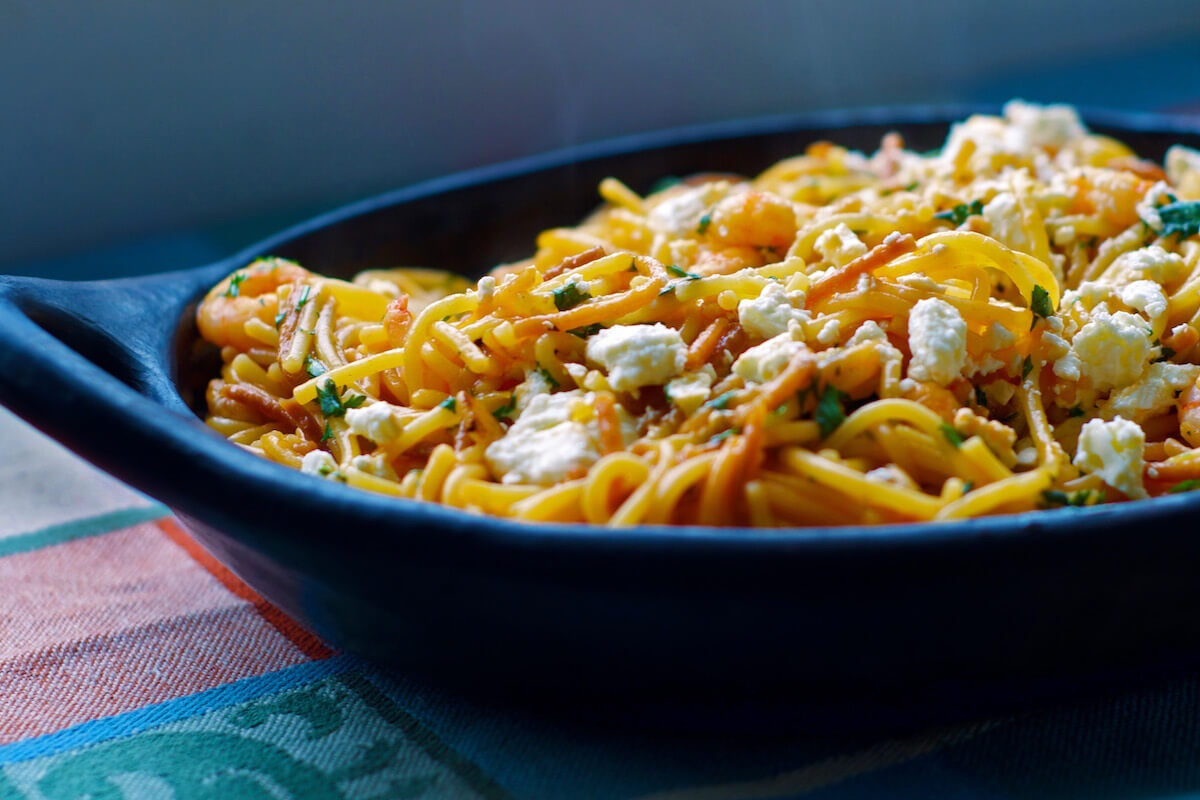 Fideos with Shrimp and Cacique Queso Fresco