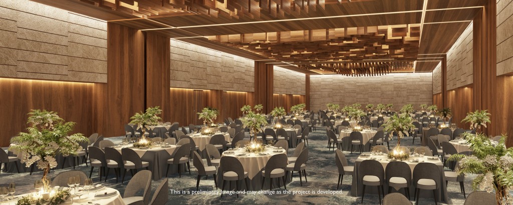 Ballroom with wooden-panel ceiling and accents and gray-and-white chairs set at tables with white tablecloths, floral centerpieces, and candles.