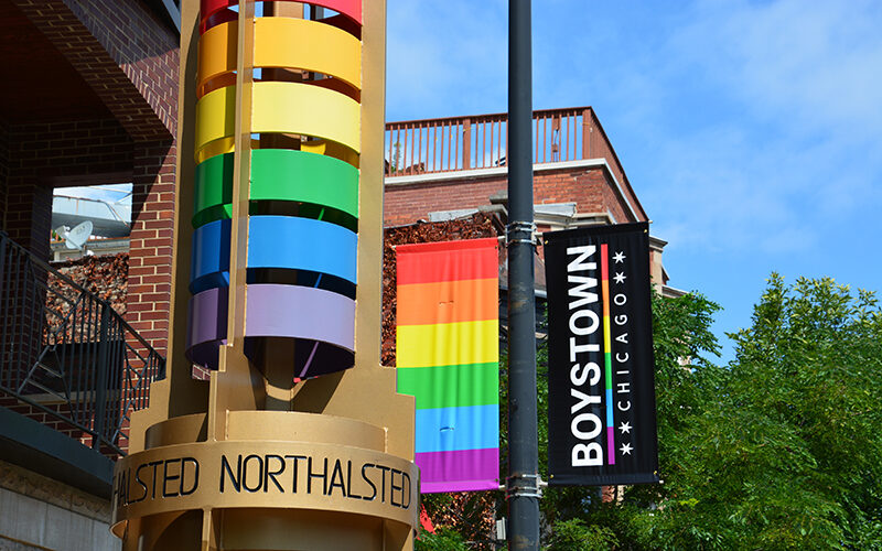 Chicago building with pride flags hung up