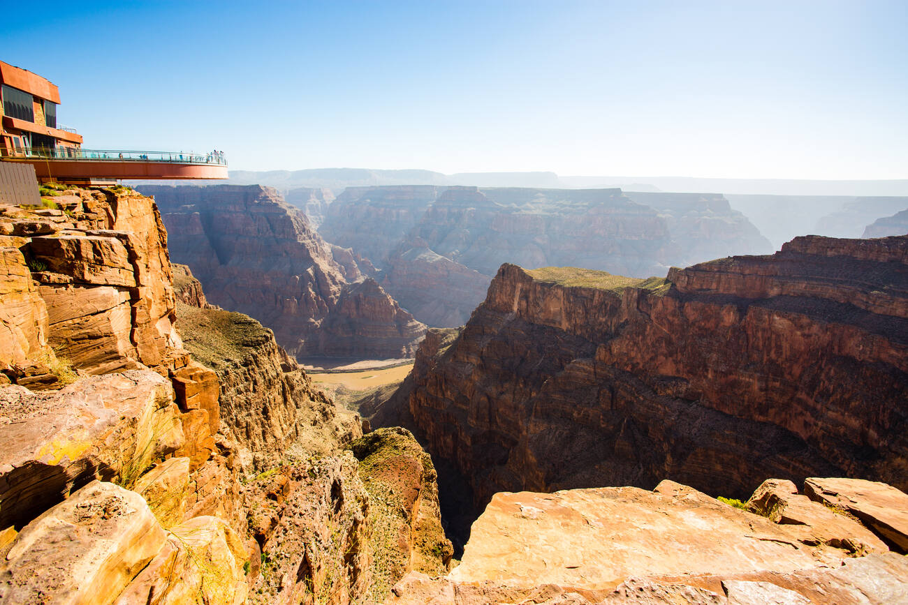 The Skywalk observatory extends out over a cliffside at the Grand Canyon.