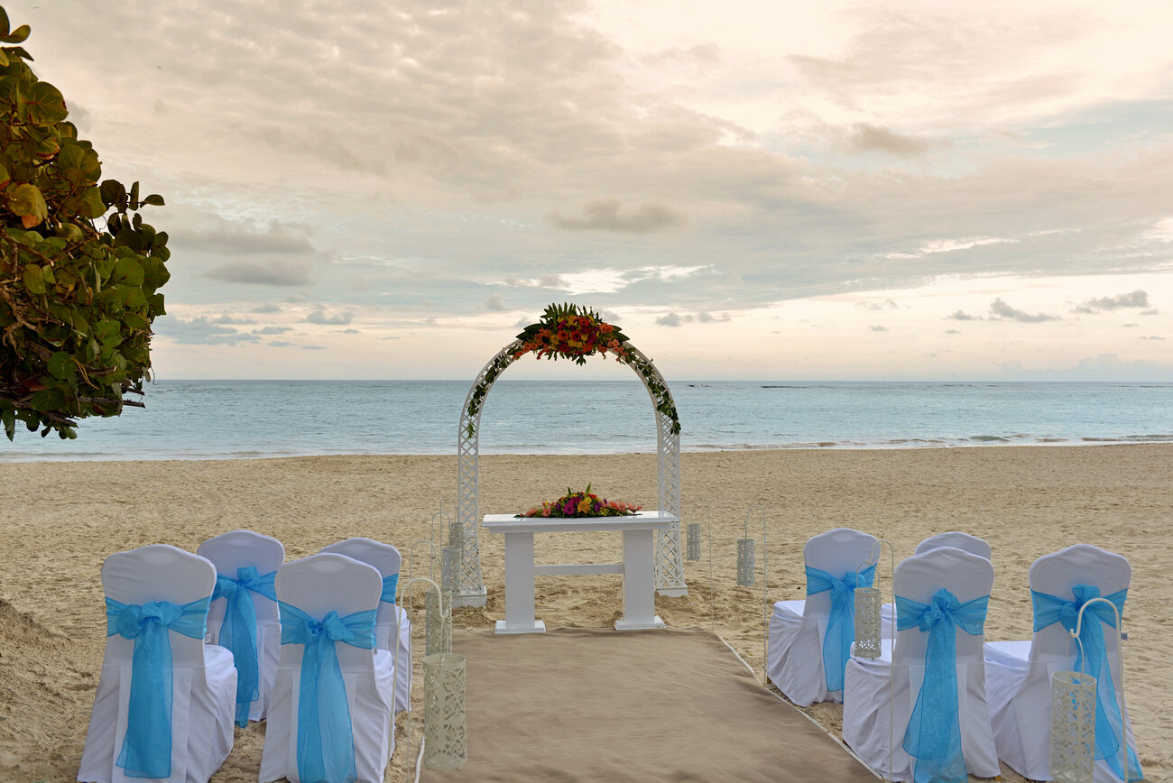 Beach wedding with alter and seating set up