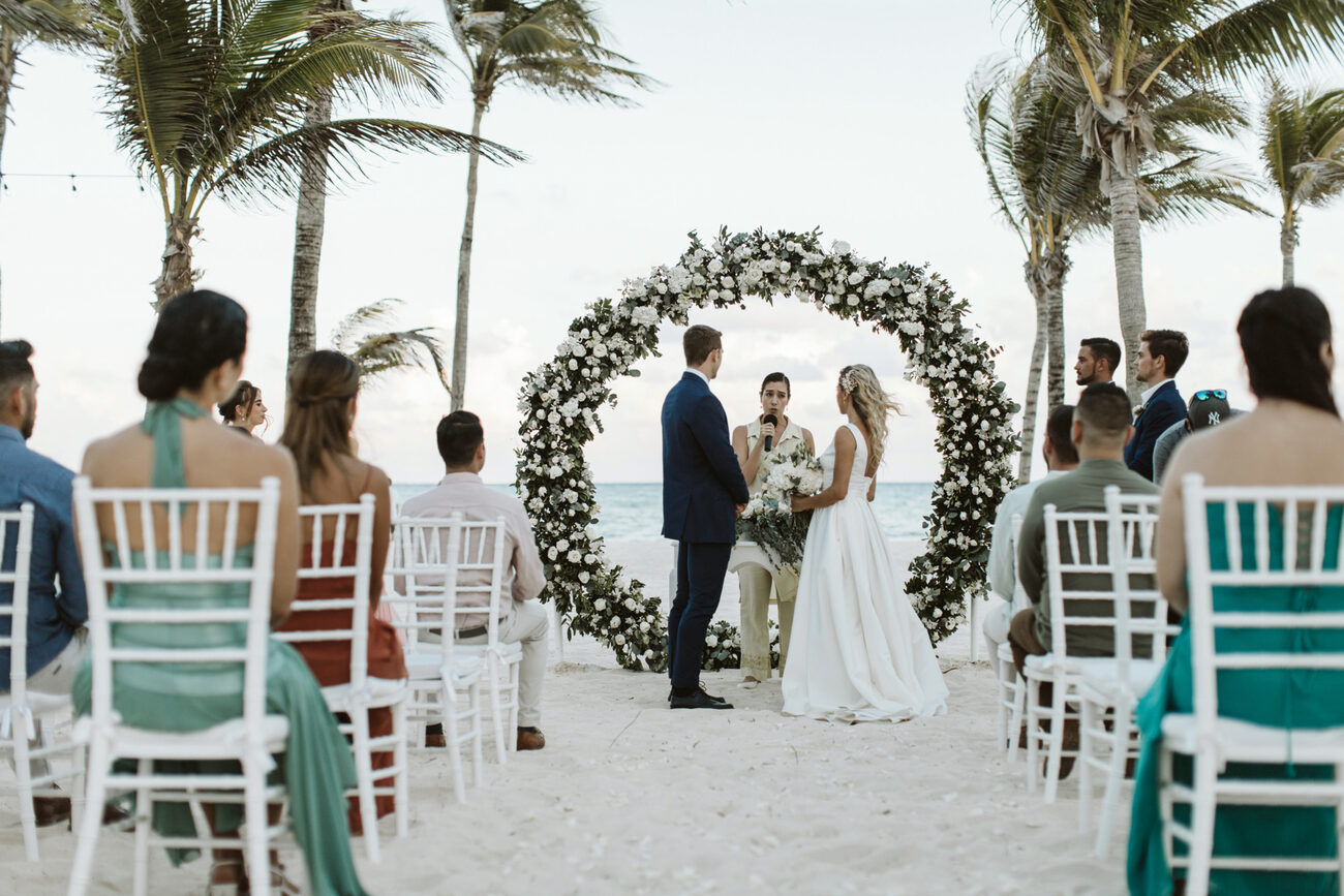 Wedding reception being held by the ocean