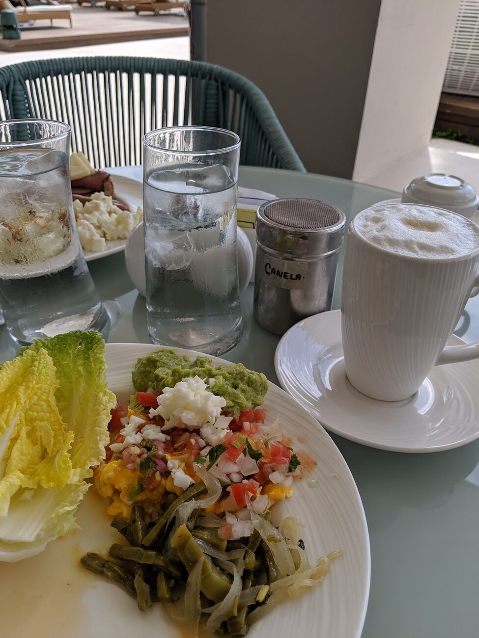 Table set up with breakfast and coffee