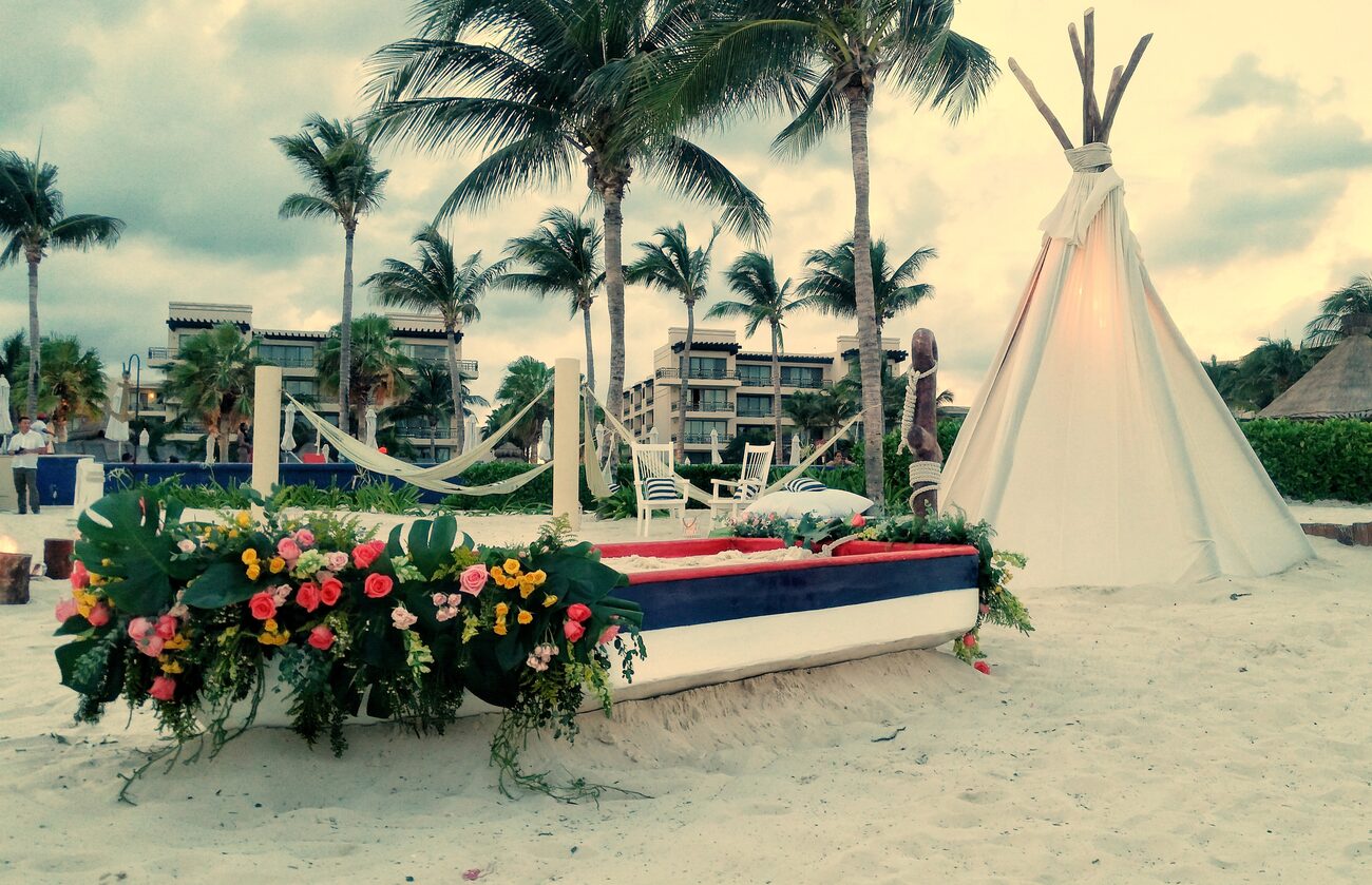 Hammocks and a teepee on the beach