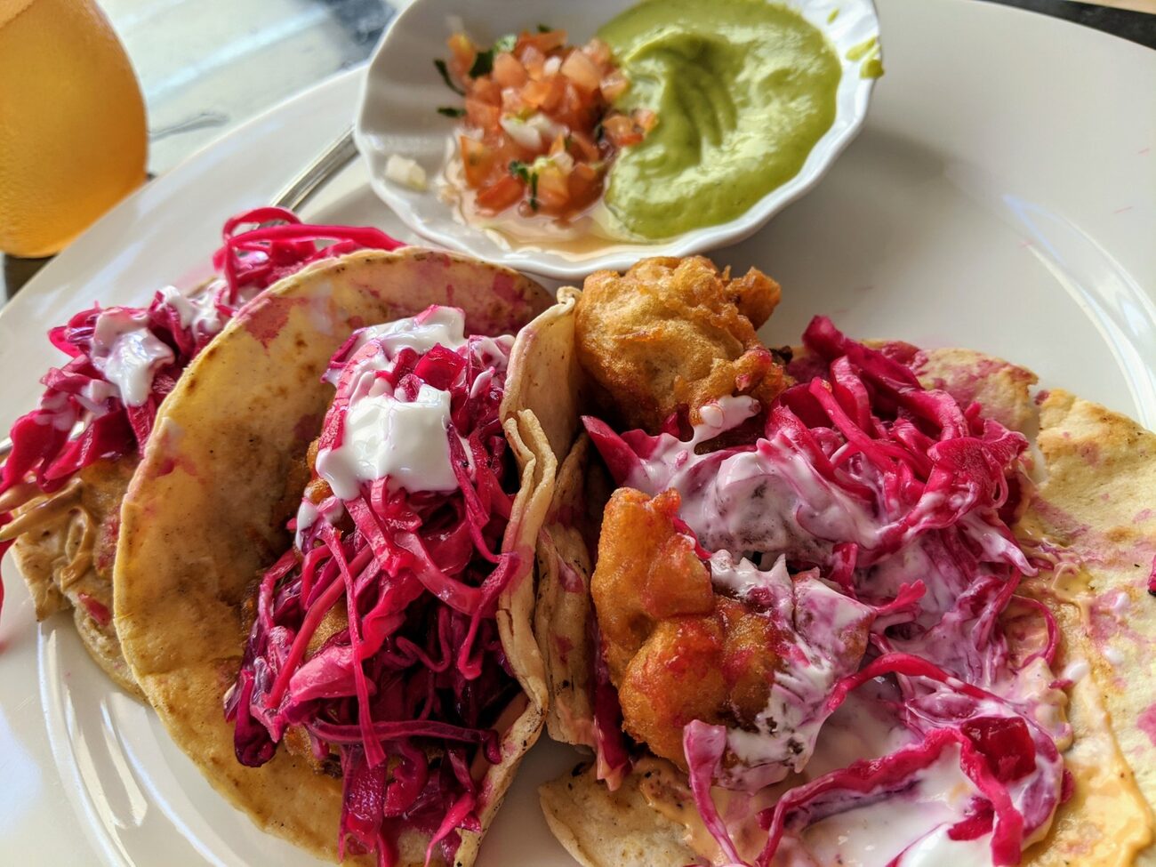 Fish tacos with red cabbage slaw