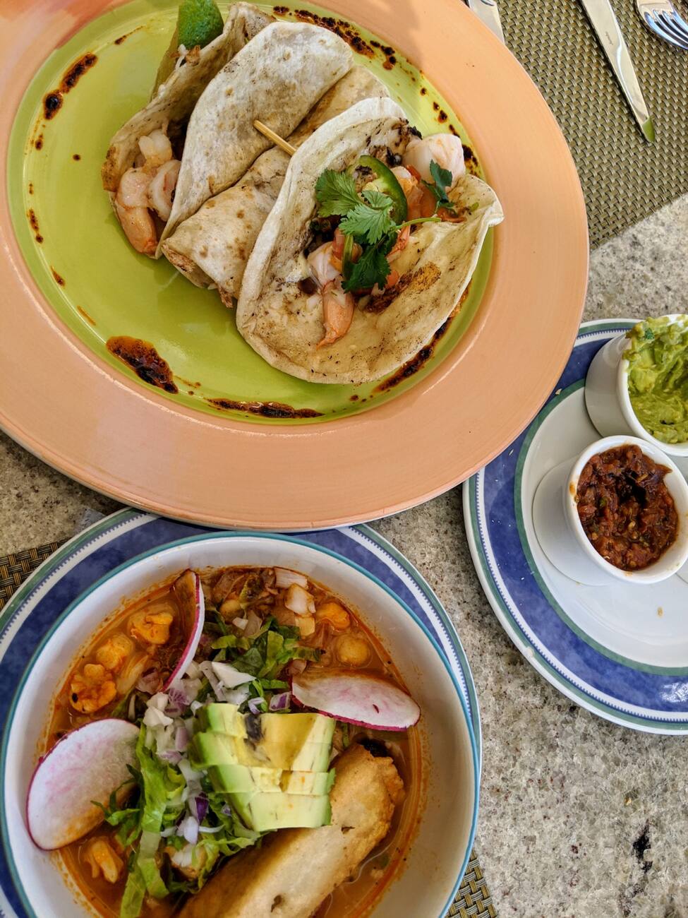 Shrimp tacos and pozole