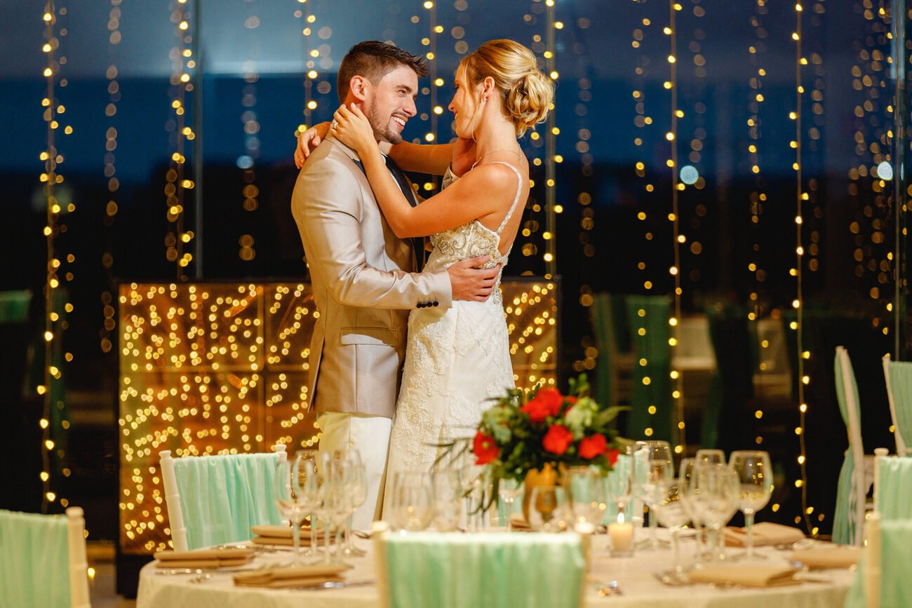 Bride and groom dancing at their wedding reception dinner