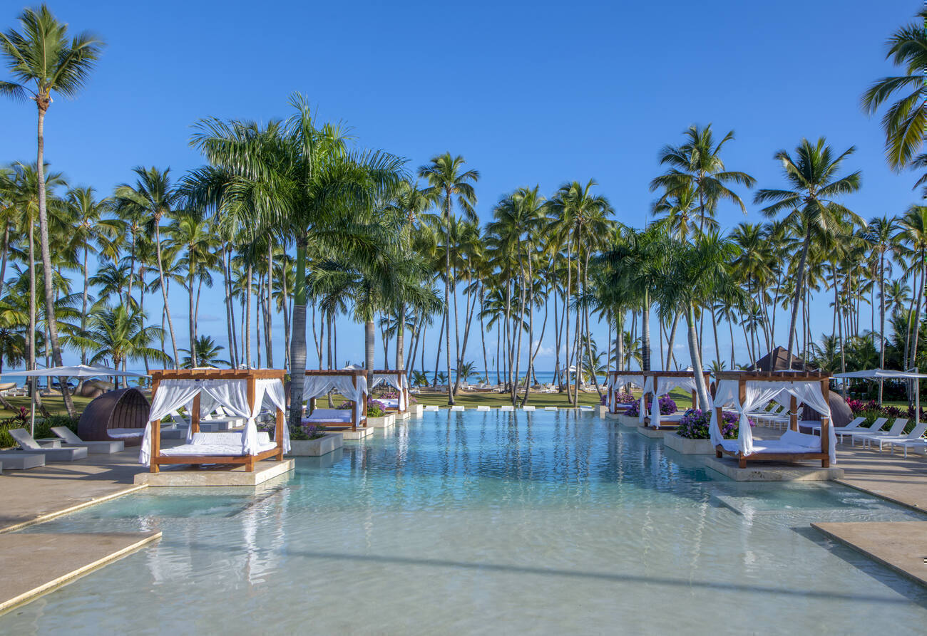 Pool with covered lounge chairs 