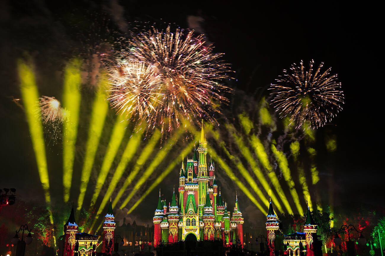 Fireworks going off above Disneys Magic Kingdom