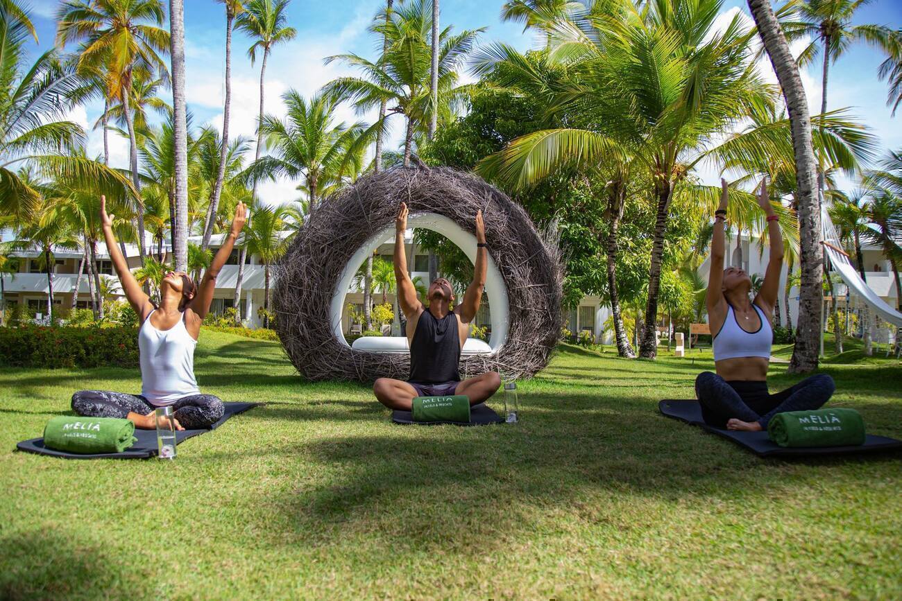 Group doing outdoor yoga