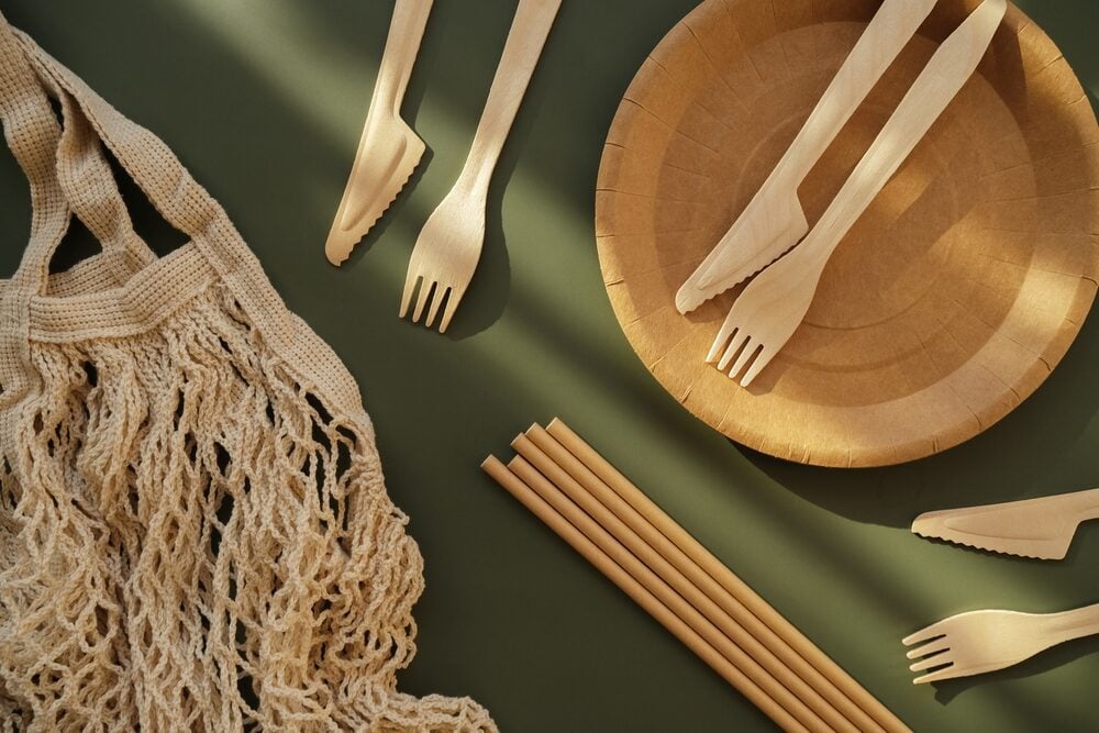 Wooden plate and cutlery