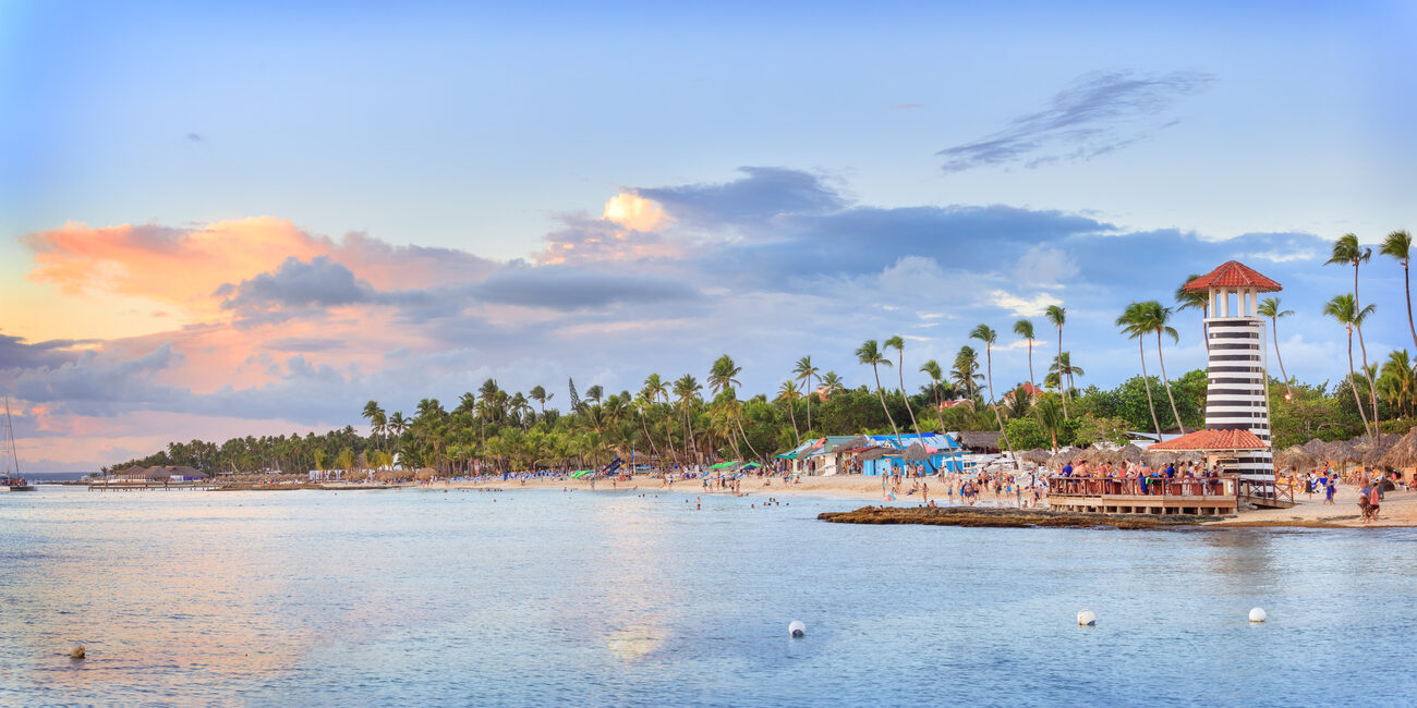 View from the water of people on the beach