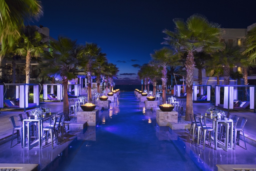 Dining tables lined up in a pool