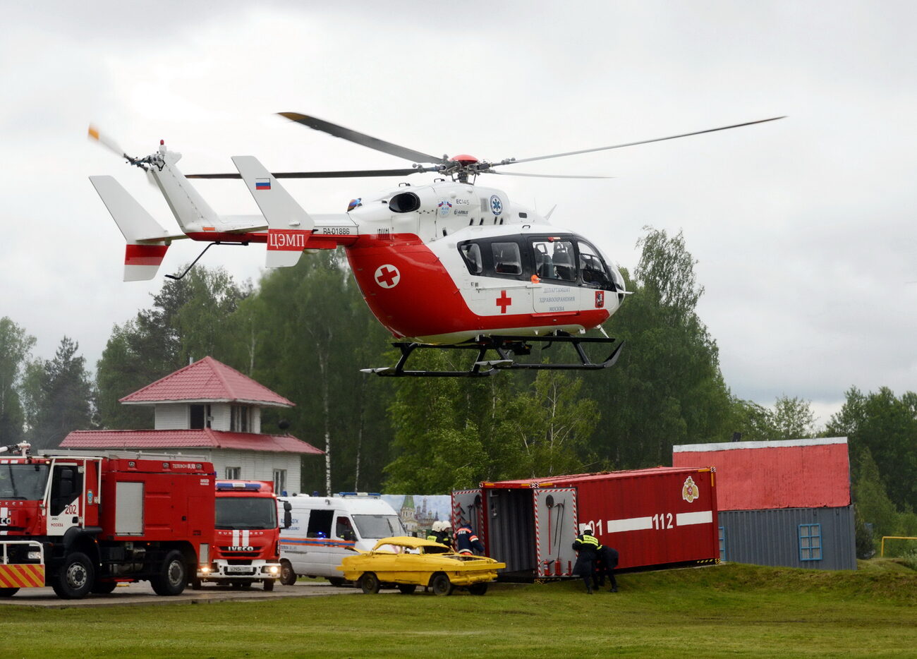 Emergency Vehicles including a helicopter, ambulance, and firetruck