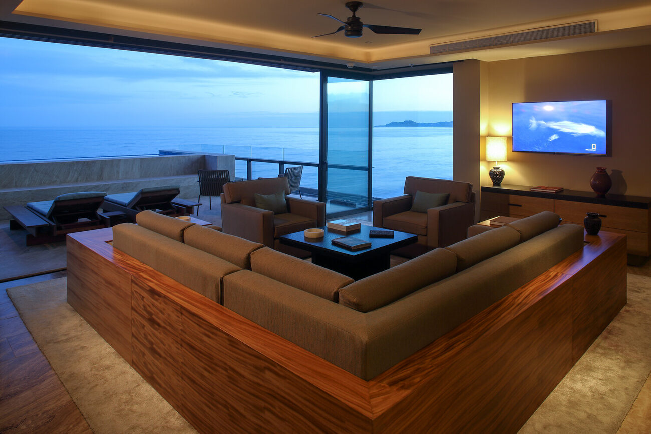 Deck seating area with ocean view