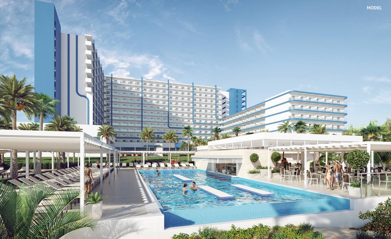 A rendering of a pool with a swim-up bar at the new Riu Palace Kukulkan.