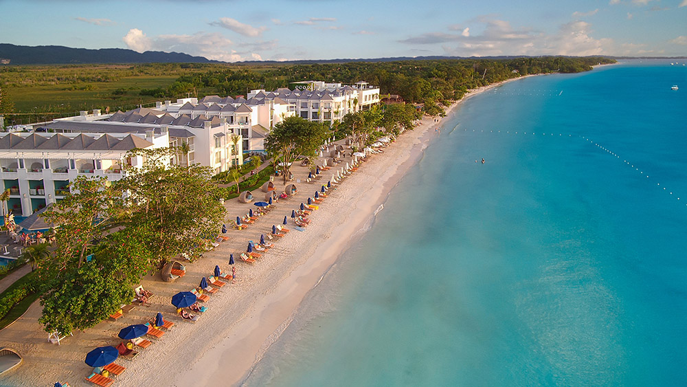 An aerial view of the beach at Azul Beach Resort Negril, by Karisma.
