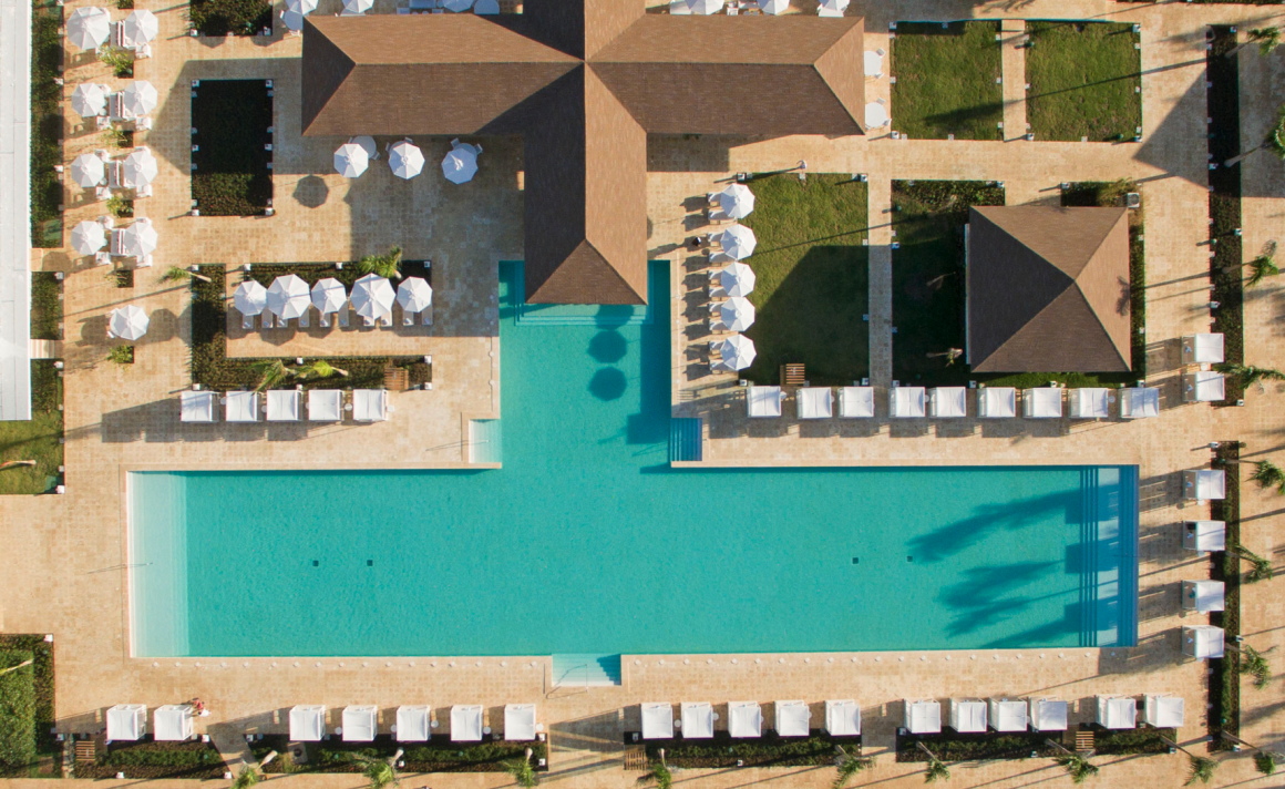 Ariel view of swimming pool and seating