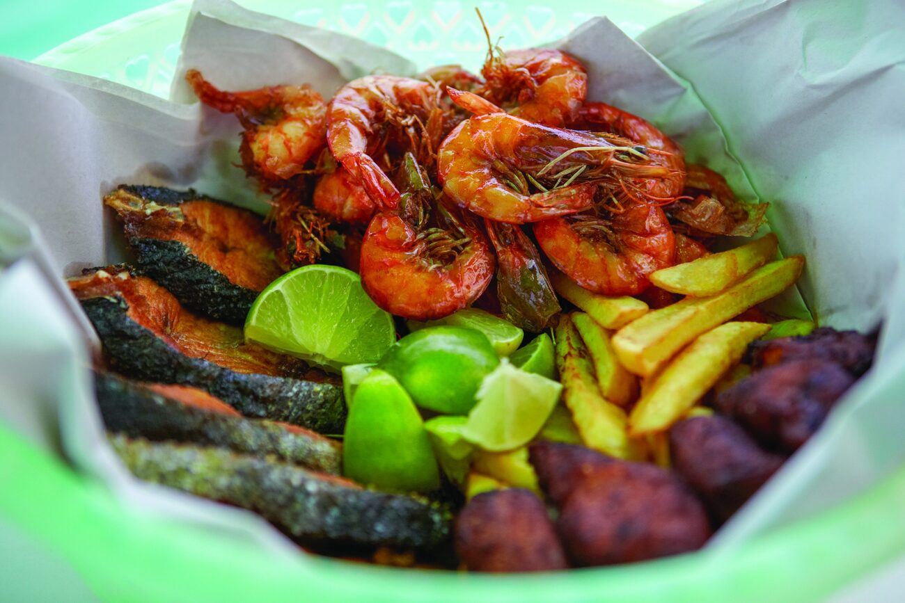 Aruba Dining featuring shrimp and fries